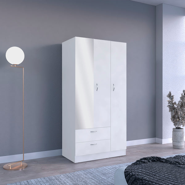 English Elm Riverside Mirrored Armoire with Three Doors, Two Drawers, Four Shelves and Hanging Rod for Wardrobe Organization White 71 L x 16.9 W x 3.9 H B070S00216
