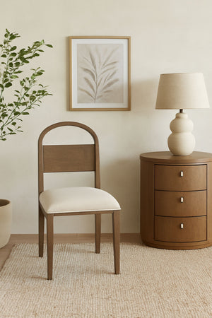 English Elm Wood Arch Back Chair with Cushioned White Sand Seat, Toffee Oak Finish, Elegant Transitional Design Brown 38.5 L x 20 W x 12 H B2699P373206