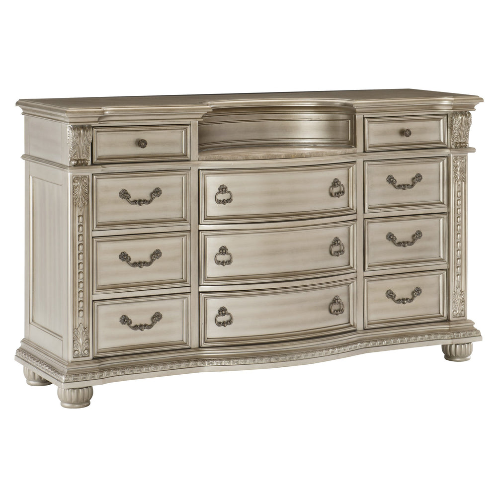 English Elm Silver Cavalier 11-Drawer Dresser with Genuine Marble Top, Silver Finish Birch Veneer, Traditional Elegance B011P264611