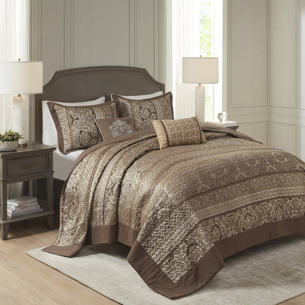 English Elm 5 Madison Park Bellagio Reversible Jacquard Bedspread Set Queen with Gold Accents, Quilted Luxury Bedding Brown+Gold 23.23 L x 17.72 W x 9.84 H B03597514