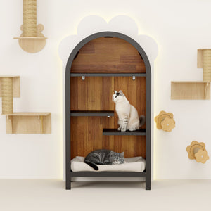 English Elm 4-tier Arched Freestanding Bookcase with Lattice Doors Open Display and Cabinet Storage W3123P485378