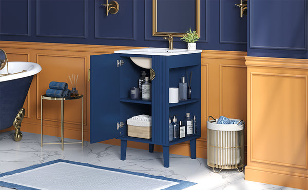 English Elm 20-inch French Style Bathroom Vanity with Integrated Ceramic Sink, Carved Accents & Soft-Close Door Blue N710P330971C
