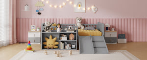English Elm Twin Low Loft Bed for Kids with Slide Climbing Structure and Movable Bookshelf W2593P457237
