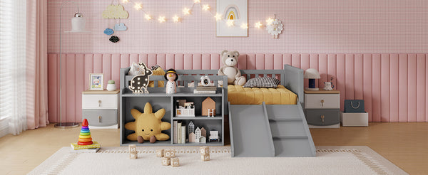 English Elm Twin Low Loft Bed for Kids with Slide Climbing Structure and Movable Bookshelf W2593P457237