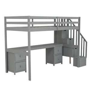 English Elm Twin Loft Bed with Built-In Desk and Double Storage Drawers, Pine & MDF Frame for Small Rooms Gray GX000382AAE