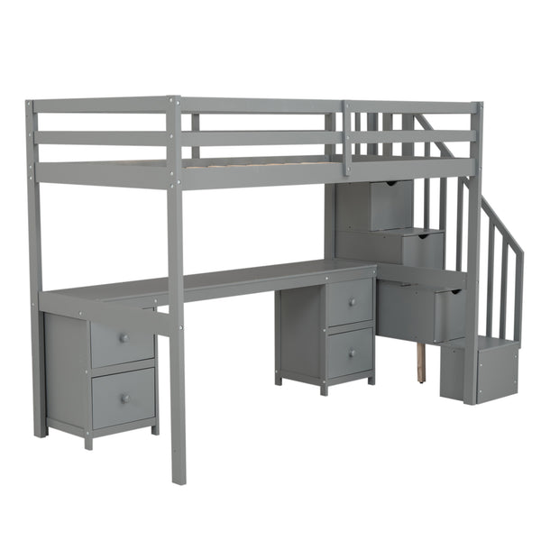 English Elm Twin Loft Bed with Built-In Desk and Double Storage Drawers, Pine & MDF Frame for Small Rooms Gray GX000382AAE