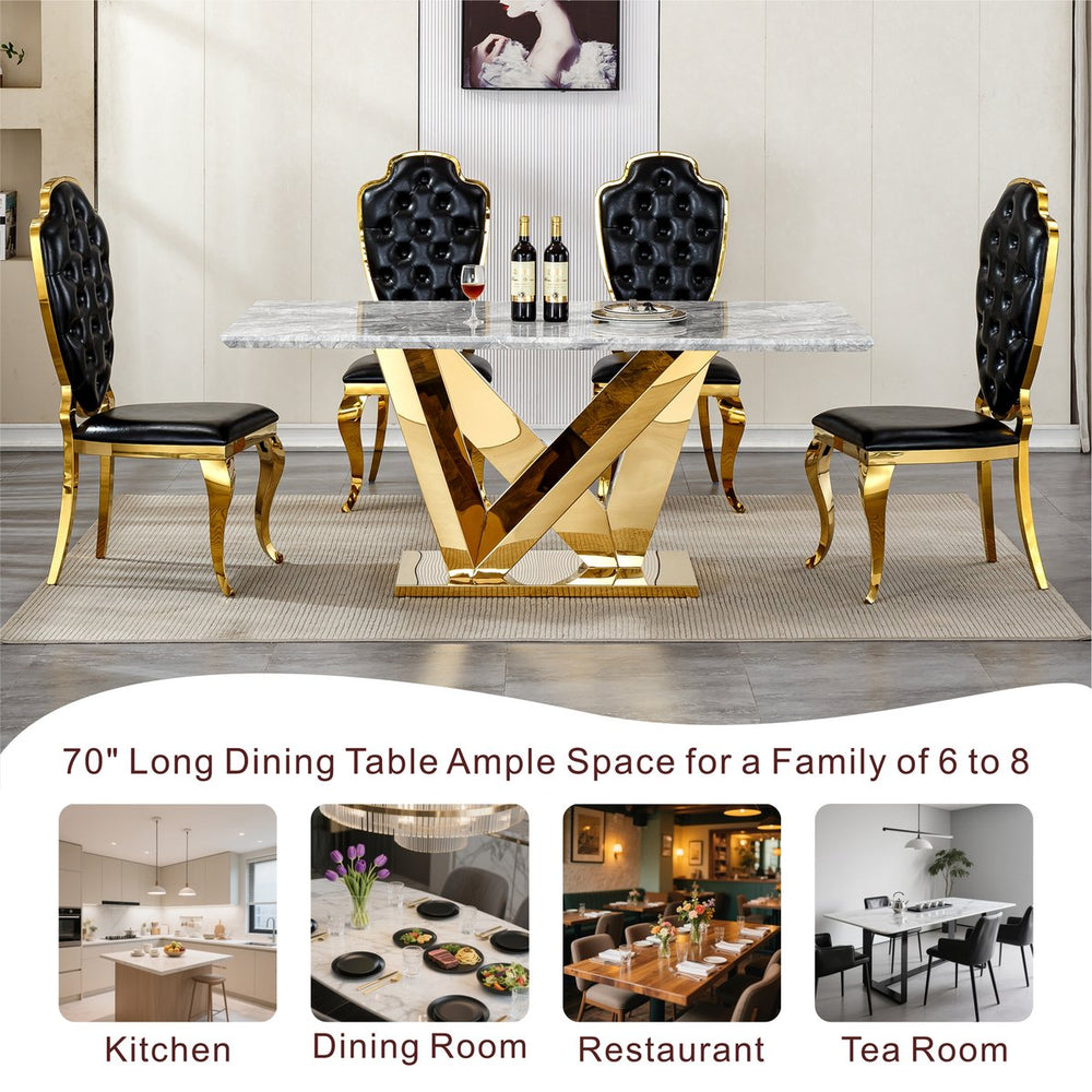 English Elm Marble Dining Table For 6-8, 74.8'' Rectangular Faux Marble Top With Mirrored Stainless Steel Base W3456S00045
