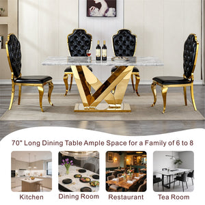 English Elm Marble Dining Table For 6-8, 74.8'' Rectangular Faux Marble Top With Mirrored Stainless Steel Base W3456S00045