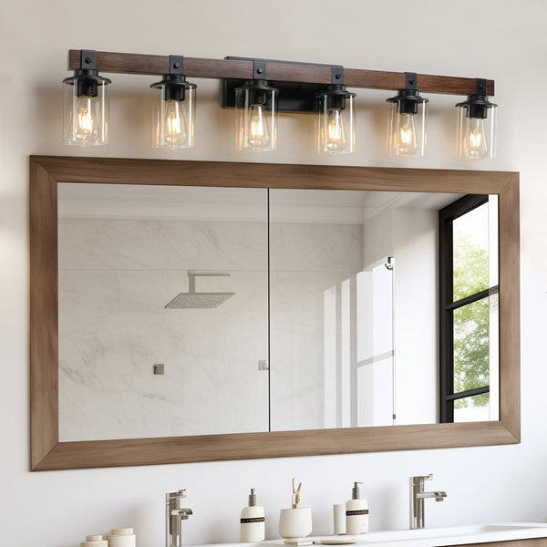 English Elm 42" Rustic 6-Light Vanity Light - Farmhouse Industrial Wall Sconce with Wood Accent & Clear Glass Shades W2312P374785