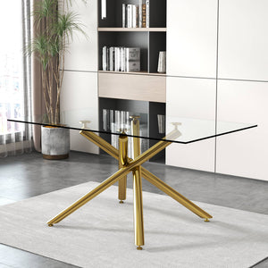 English Elm Large Rectangular Glass Dining Table For 4-8 People, Modern Design With Gold Metal Legs & Durability W1151S03180