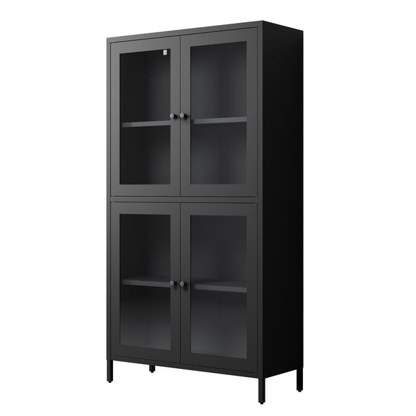English Elm Classic Metal Storage Cabinet With 4 Glass Doors, Adjustable Shelves For Home & Office – Black Finish W2378P176372