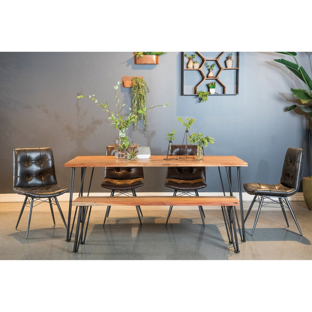 English Elm Shanahan Acacia Dining Table with Live Edge Top, Rustic Grain Finish & Minimalist Metal Legs for Durable Style B062S00656