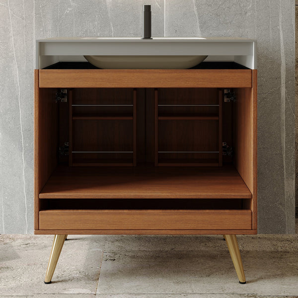 English Elm Mid-century Freestanding Bathroom Vanity with Marble Stone Top and Gold Steel Legs W3136S00065