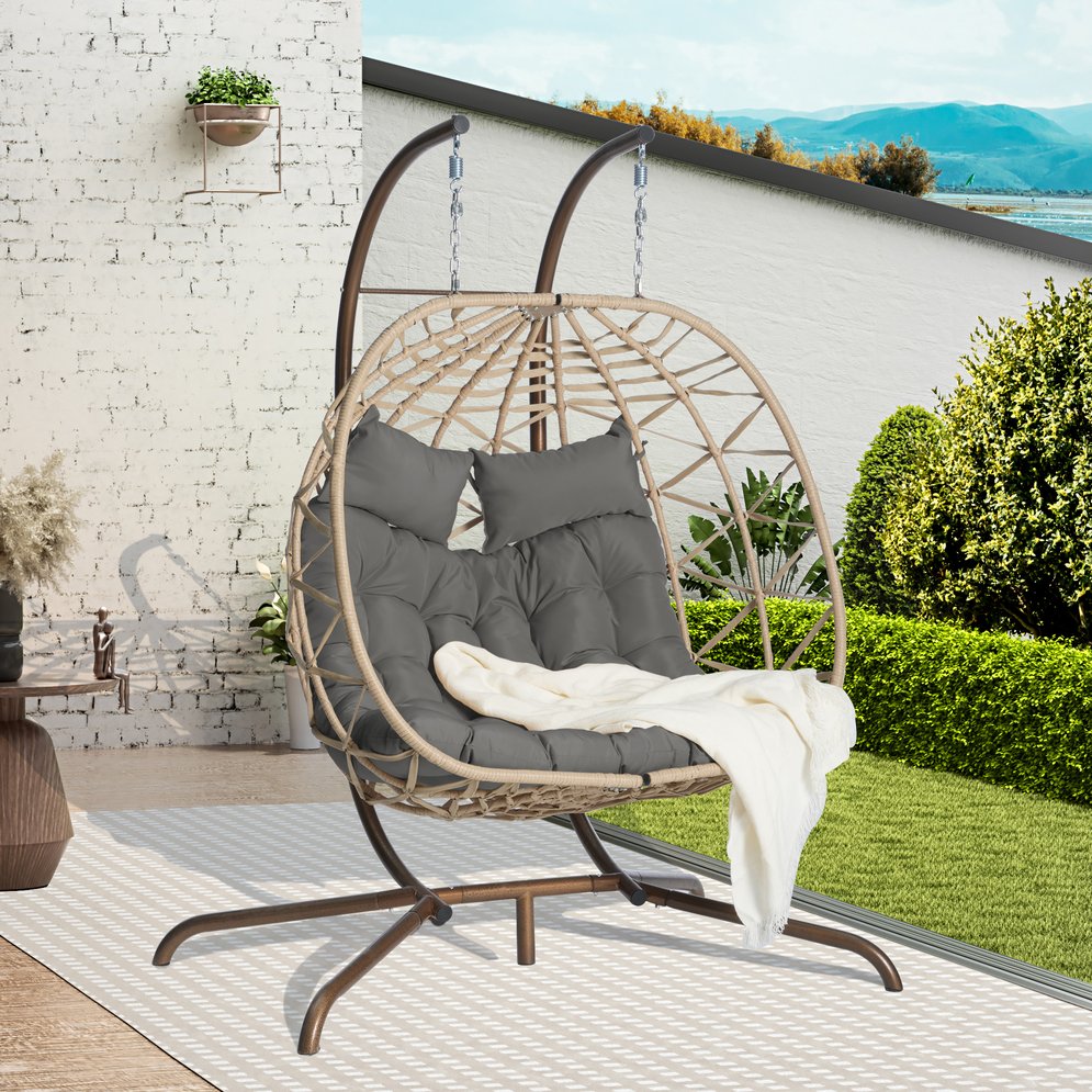 English Elm Double Hanging Wicker Egg Chair with Iron Stand Outdoor Uv Resistant 600 Lb Patio Swing W874P270566