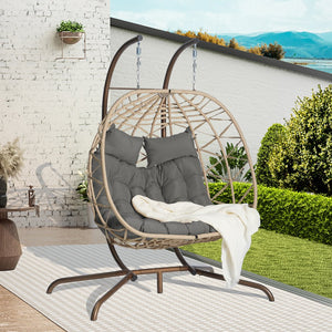 English Elm Double Hanging Wicker Egg Chair with Iron Stand Outdoor Uv Resistant 600 Lb Patio Swing W874P270566
