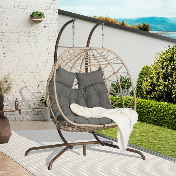 English Elm Double Hanging Wicker Egg Chair with Iron Stand Outdoor Uv Resistant 600 Lb Patio Swing W874P270566