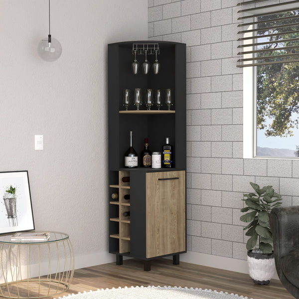 English Elm Corner Bar Cabinet with Ten Built-In Wine Slots, Cup Rack & Spacious Top Shelf for Entertaining Multicolor 43 L x 21 W x 3 H B097S00134