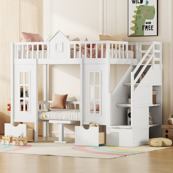 English Elm Twin-over-twin Bunk Bed Convertible Lower Desk Solid Pine Kids Bedroom Space Saver White LT000681AAK-1