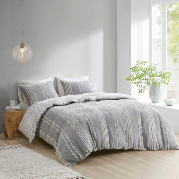 English Elm King/Cal King Kara Cotton Jacquard Duvet Cover Set — OEKO-TEX Eco-Friendly Striped & Diamond Bedding, Button Closure, Tie Corners, Easy Care Gray 11.81 L x 9.84 W x 6.3 H B03596508