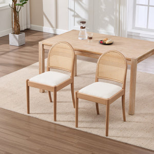 English Elm Rattan Backrest Dining Chairs Set of 2 Teddy Fabric Cushion Solid Wood Legs Kitchen Beige W3244P475485