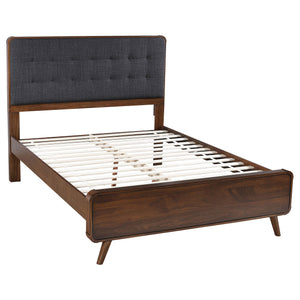 English Elm Carson Dark Walnut Queen Platform Bed With Tufted Grey Upholstery For A Cozy Mid-Century Retreat B062S00695