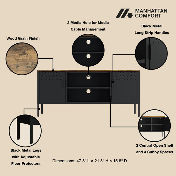English Elm Landen 47" Metal Storage Cabinet with Wood Top and Cable Management — Sleek Industrial TV Console, Adjustable Legs Black B365P397848
