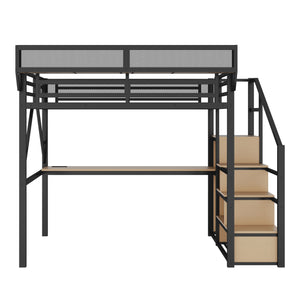 English Elm Full Loft Bed with Desk and Charging Station, Metal Loft with Stairs, Wardrobe, Shelves & Light Black W2580S00047