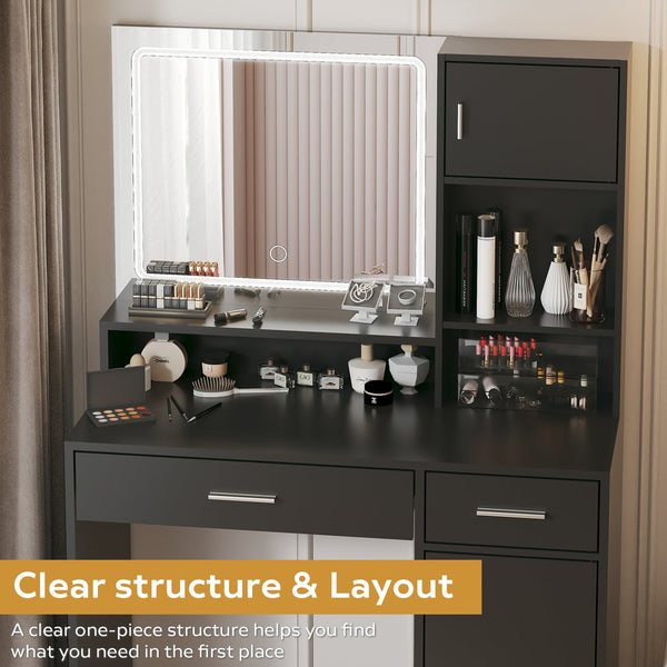English Elm Vanity Black Dressing Table with LED Mirror, Touch Controls, 3 Lighting Modes, Large Drawer Storage W2386P389996