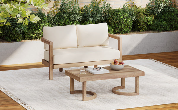 English Elm Christopher Knight Home® - 2-Person Acacia Wood Loveseat & Coffee Table Set with Beige Cushions, Weather-Resistant Patio Charm 73169.00BBGE