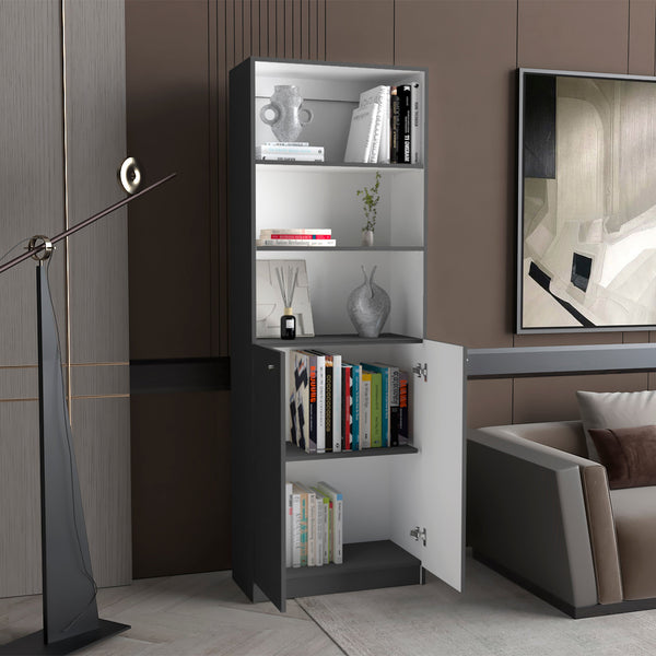English Elm Matt Gray and White 2-Door Bookcase with 3 Open Shelves, 2 Hidden Shelves, Modern Tall Storage Unit B062P175162