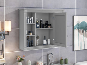English Elm 35'' Modern Medicine Cabinet with Mirror and Towel Rod, MDF Wall-Mounted Bathroom Storage with Adjustable Shelves and Soft-Close Hinges Grey WF305081AAE