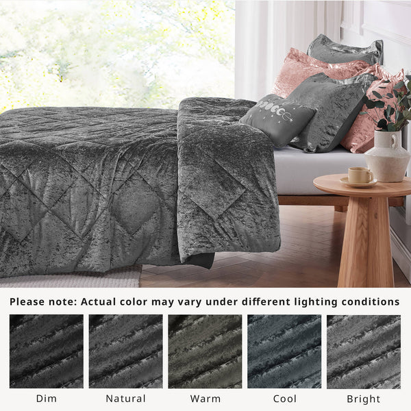 JLA Home Intelligent Design - Velvet Plush Comforter Set with Diamond Quilting, Hypoallergenic Fill and Machine-Washable Ease Grey ID10-1792