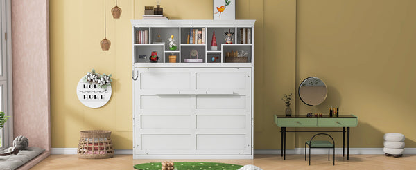 English Elm Queen Murphy Wall Bed Cabinet with Integrated Shelves Usb Charging Space Saving Design White LP006668AAK-1