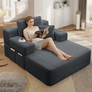 English Elm Luxurious Corduroy Convertible Chaise Lounge Sofa Bed with Foam Support for Apartments Dark Gray W3219P449014