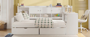 English Elm Wooden L-shape Twin Daybed with Desk Bookshelf and Nine Storage Compartments N733S351668K