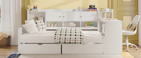 English Elm Wooden L-shape Twin Daybed with Desk Bookshelf and Nine Storage Compartments N733S351668K