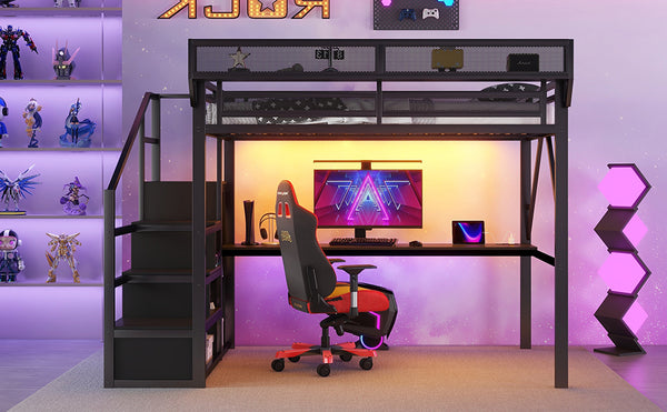 English Elm Twin Metal High Loft Bed with Staircase Storage Wardrobe for Kids and Teens W2580S00077