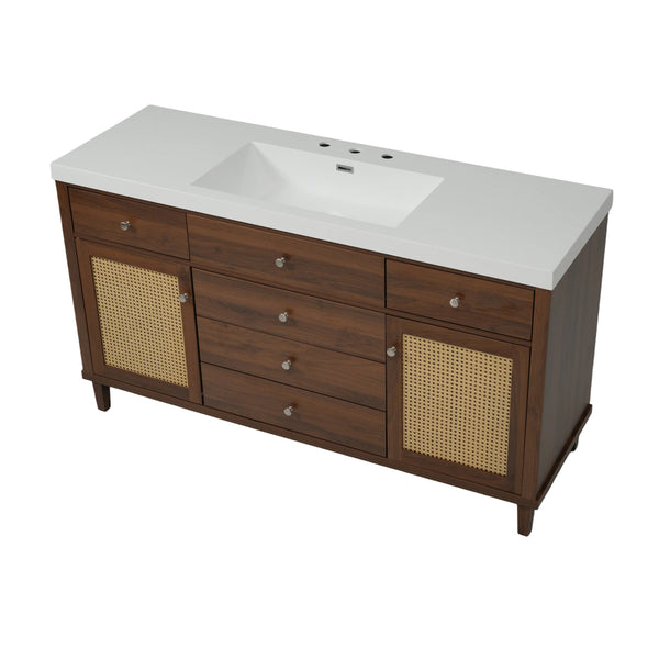 English Elm 60" Boutique Bathroom Vanity Rattan Doors Soft Close Drawers Smc Sink Pine Legs Brown N817P397678B