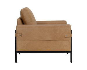 Sunpan Camus Armchair - Luxurious Ludlow Sesame Leather with Playful Strap Detailing and Black Iron Legs