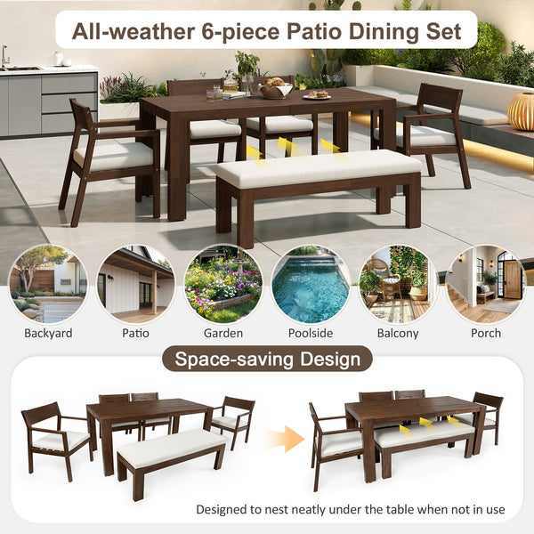 English Elm Trexm Outdoor Acacia Wood Dining Set Seats Six with Umbrella Hole and Cushioned Bench Beige,Mocha TM000028AAP