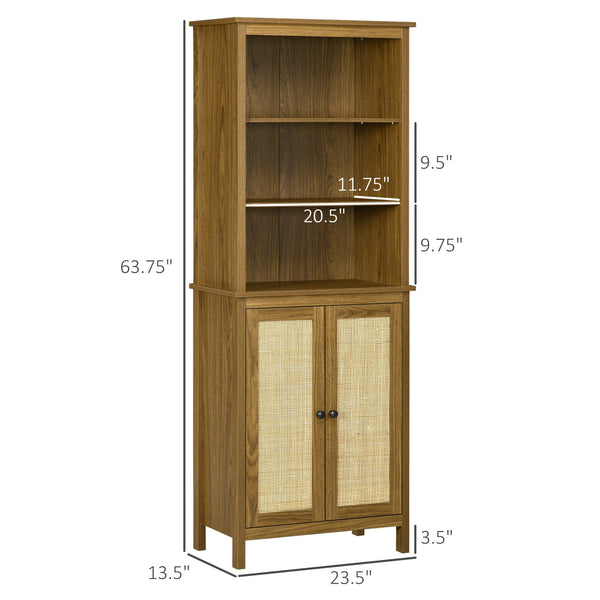 English Elm HOMCOM Rustic Rattan Bookcase with Cabinet & 3 Adjustable Open Shelves, Tall Walnut Storage Unit W2225P173972