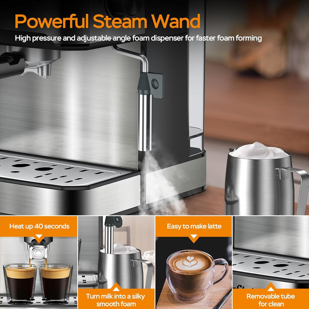 English Elm 20 Bar Stainless Steel Espresso Machine with Steam Wand for Home Barista Brewing W1002P292437