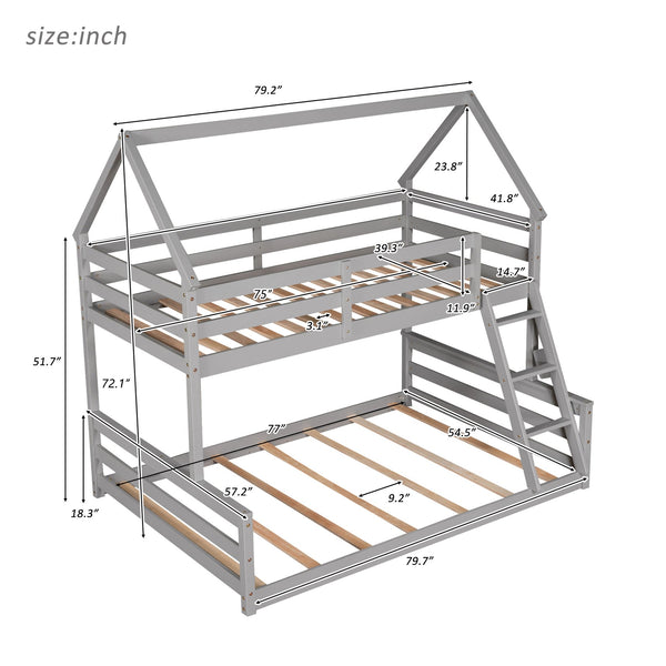 English Elm Twin Over Full House Bunk Bed Solid Pine Frame with Ladder for Kids Bedroom WF287558AAE-1