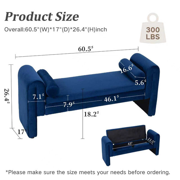 English Elm 60-inch Velvet Storage Bench Modern Minimalist Seating for Bedroom or Entryway W2795P411419
