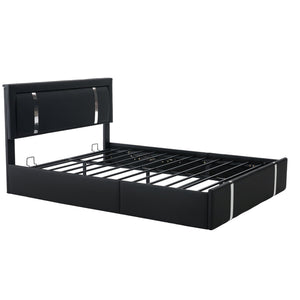 English Elm Queen Platform Bed Wingback Diamond Quilted Headboard Led Lighting Storage Drawers Black W5722P462695