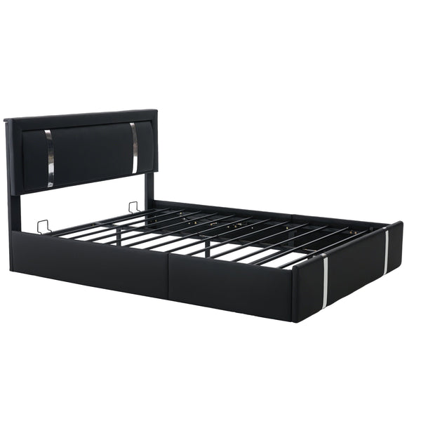 English Elm Queen Platform Bed Wingback Diamond Quilted Headboard Led Lighting Storage Drawers Black W5722P462695
