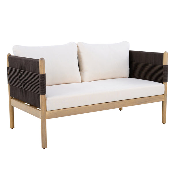 English Elm Outdoor Acacia Wood Loveseat Handwoven Rope Weave Patio Seating with Cushions Black,Cream,Light Teak N768P361444L