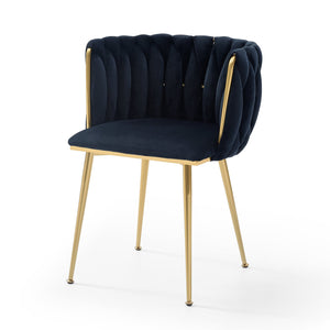 English Elm Modern Velvet Dining Chairs Set of 2 with Woven Backrest and Gold Metal Legs, Elegant Arc Design for Home Black W1117P209796