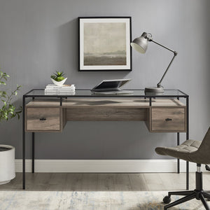 English Elm Walker Edison - Contemporary Modern Writing Desk with Tempered Glass Top, Grey Wash Engineered Wood, 2 Drawers, Sleek Powder-Coated Metal Frame and Handles - Ready-to-Assemble B185P244019