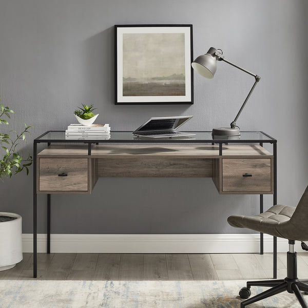 English Elm Walker Edison - Contemporary Modern Writing Desk with Tempered Glass Top, Grey Wash Engineered Wood, 2 Drawers, Sleek Powder-Coated Metal Frame and Handles - Ready-to-Assemble B185P244019